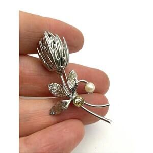 HOBE Designer Signed Silver Tone Flower Brooch With Pearl - And Missing Jade